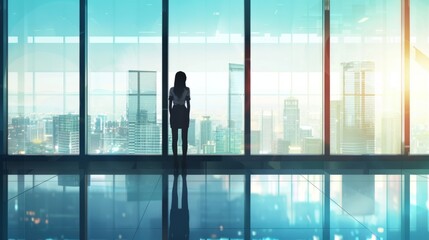 Fototapeta premium Successful businesswoman looking out of a large window overlooking the city generative ai
