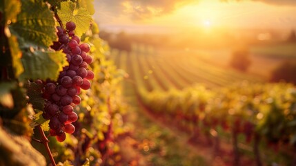 Close-up of ripe grapes hanging on the vine with a warm, golden sunset in the background, creating...