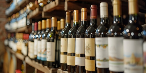 Row of wine bottles with different colored wines, accompanied by bunches of red, green, and purple grapes. Perfect for themes related to wine, vineyards and gourmet experiences