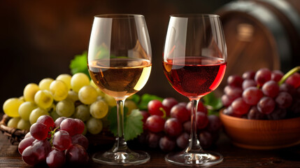 Glasses of wine with bunches of red and green grapes in the background, creating an inviting and elegant setting. Perfect for themes related to wine, vineyards, and gourmet experiences