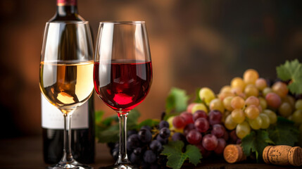 Glasses of wine with bunches of grapes and wine bottles in the background, creating a warm and inviting atmosphere. Perfect for themes related to wine, vineyards and gourmet
