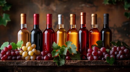 Row of wine bottles with different colored wines, accompanied by bunches of red, green, and purple...