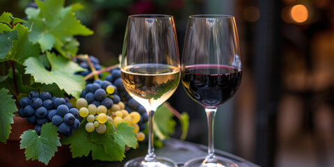 Glasses of wine with bunches of red and green grapes in the background, creating an inviting and elegant setting. Perfect for themes related to wine, vineyards, and gourmet experiences