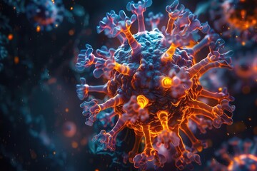 Abstract representation of a virus with glowing tentacles, Cyberpunk Style, Dark Background, Digital Art, Highlighting pathogen mutation