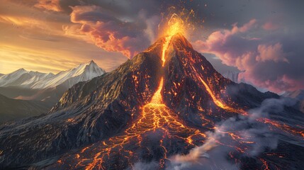 an erupting mountain spewing fiery ash into the sky