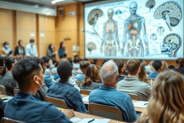 Obraz premium A group of students attentively observe a wall filled with detailed anatomical drawings in a classroom setting.