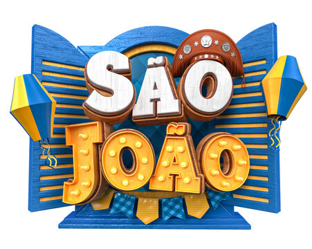 Label S&atilde;o Jo&atilde;o for June festivals in Brazilian Portuguese in 3d render illustration with transparent background
