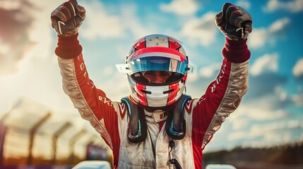 victorious celebration race car driver rejoicing in triumphant win - Powered by Adobe
