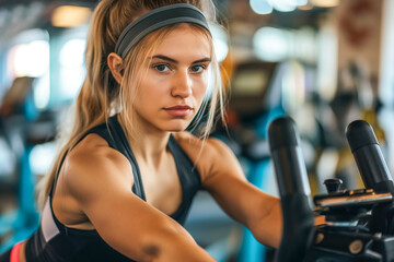 Active young woman doing an exercise on a rowing machine in a gym.