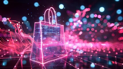 virtual shopping bag with flowing data stream representing the future of online retail and ecommerce 3d illustration