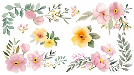 watercolor bouquets with pink and yellow wildflowers leaves and branches botanical illustration set