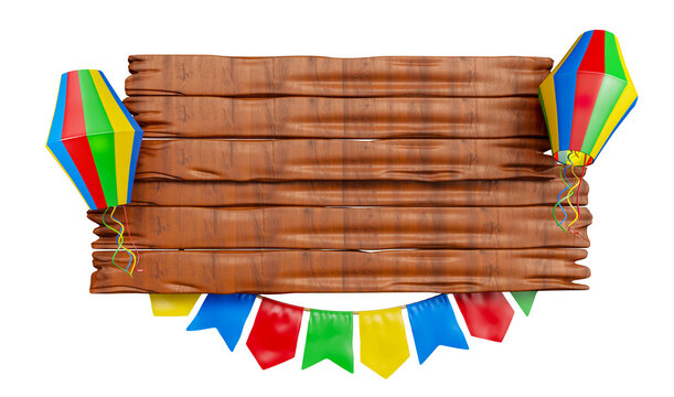 Wooden frame with flags and balloon for Festa Junina in Brazil in 3d render with transparent background