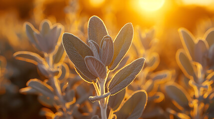 Close-up of fresh green sage leaves with beautiful background against sunlight