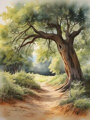 Fototapeta premium Tree Nature Landscape Watercolor Art
