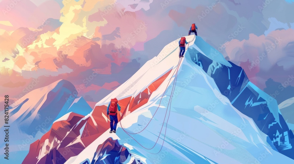 Wall mural illustration hiking in snowy mountain generative ai - Wall murals