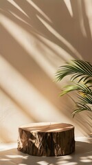 Minimalist wooden stump podium with palm leaf shadow and beige background for product display. For product presentation or showcase.