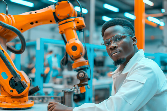 African American engineer working with automatic robotic arm machine in a factory