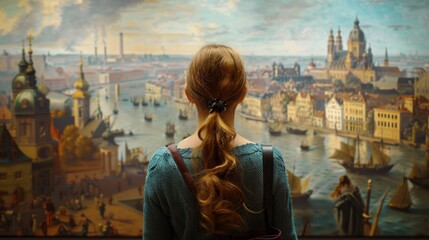 A woman admires a classical painting of a cityscape enhanced with realtime information and data about the city in the Augmented Reality Art Gallery.