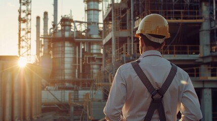 Fototapeta premium Unrecognizable engineering foreman with safety helmet looking at construction site of large factory generative ai