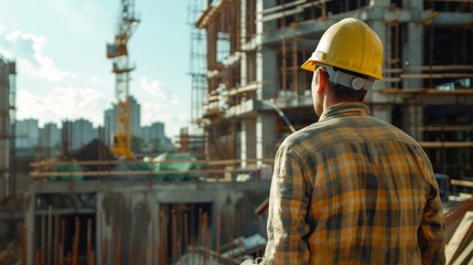 Unrecognizable engineering foreman with safety helmet looking at construction site of large factory generative ai