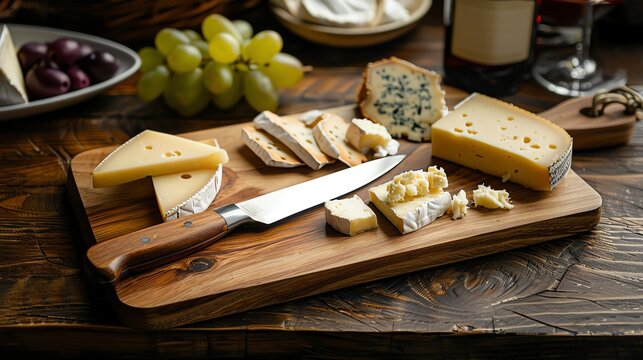 A wooden cutting board with a variety of cheeses including brie, cheddar, and gouda. A knife is resting on the board.