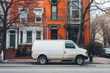 Fototapeta premium White van driving in the city