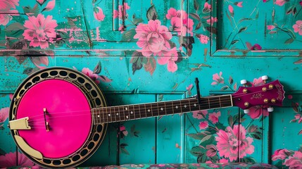 A pink banjo sits on a pink and green floral couch in front of a turquoise background with a floral pattern.