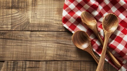rustic dining table with wooden spoons on red gingham fabric homestyle food background