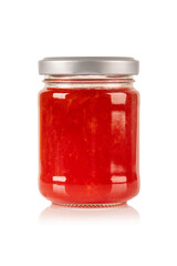 Jar of strawberry jam isolated on white background.