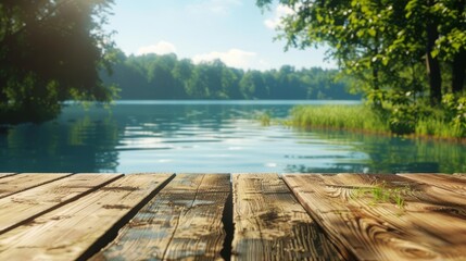 rustic wooden table against blurred summer lake and forest lush green landscape realistic 3d render