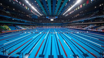 An Olympic-sized swimming pool with crystal clear water. The pool is surrounded by empty stands.