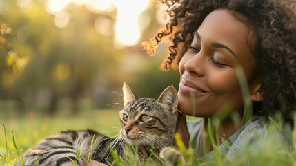 serene african american woman enjoying outdoors with cat green grass setting 1 - Powered by Adobe