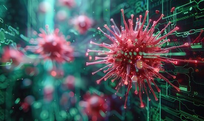 Autoimmune response invading a digital network, Cyberpunk, High Contrast, Dark Background, Digital Art, Representing selfdestructive digital threats