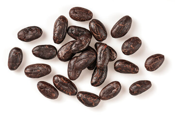 Cocoa beans isolated on white background. Top view
