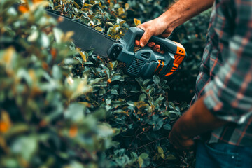 Naklejka premium Close up of man hand with hedge trimmer cutting bushes.