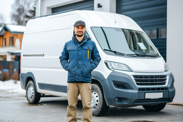 Delivery man standing in front of his van