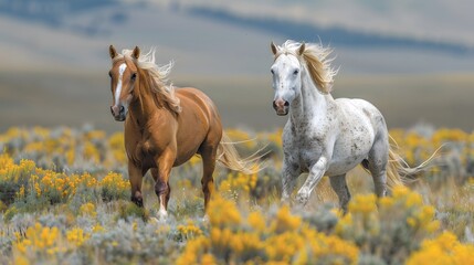 Obraz premium A pair of horses running across the savanna, framed by mountains and a tranquil water scene.
