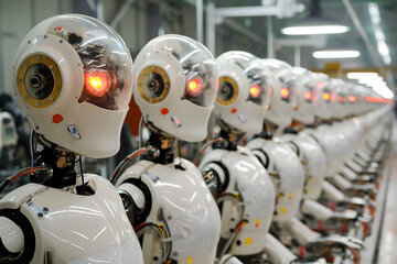 Fototapeta premium Assembly line of humanoid service robots at a factory.