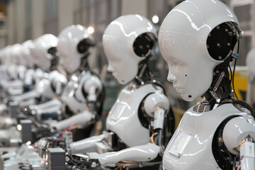 Fototapeta premium Assembly line of humanoid service robots at a factory.