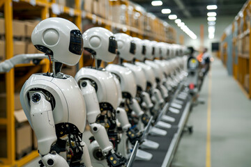 Fototapeta premium Assembly line of humanoid service robots at a factory.
