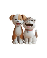 Naklejka premium Happy animal friendship between a cute dog and cat in 3D render illustration of chibi cartoon character, Isolated on Transparent Background, PNG