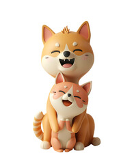 Chibi cartoon character of a cute dog and cat enjoying animal friendship in 3D render illustration, Isolated on Transparent Background, PNG