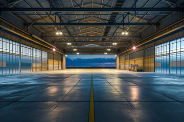 Empty hangar at night with lights on