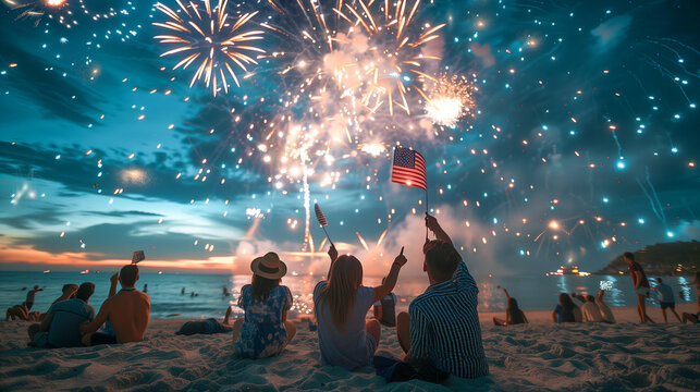 Friends and Family Enjoying the Summer Holiday Fireworks on the Beach. Generative AI.