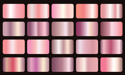 pink gradients metallic gradients set, Realistic pink gold gradient texture pack. Shiny golden rose metal foil gradient set. Gold rose foil texture set isolated on black background. Vector golden shin