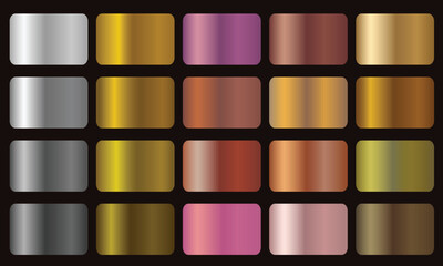 Gold, bronze, silver and black texture gradation background set. Vector metallic gradients. Elegant, shiny and bright gradient collection for chrome button,