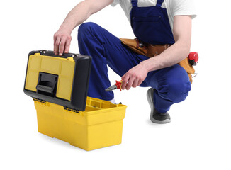 Professional repairman with tool box on white background