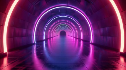 vibrant neon tunnel with glowing panels futuristic ultraviolet corridor 3d illustration