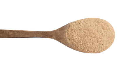 Dietary fiber. Psyllium husk powder in spoon isolated on white, top view