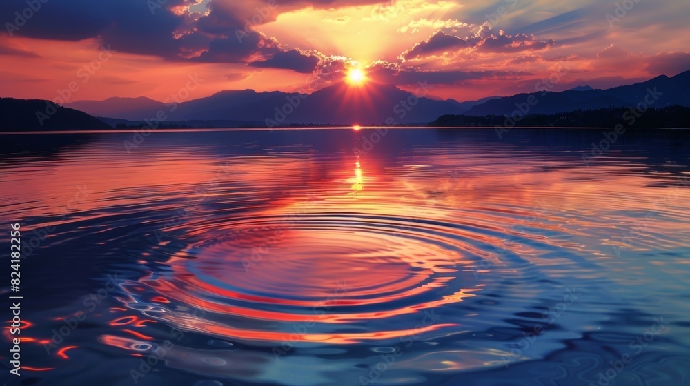 Poster a vibrant sunset over a serene lake with gravity waves creating subtle ripples on the mirrored surfa